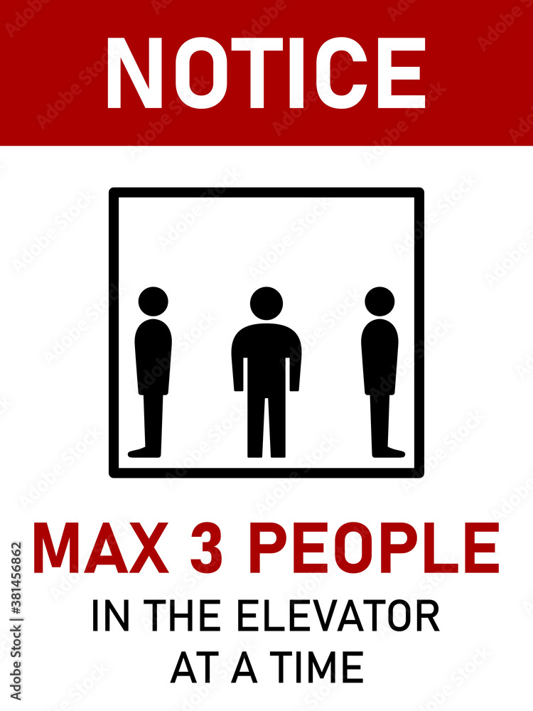 Poster notice max 3 people in the elevator at a time vertical social distancing instruction sign with an as