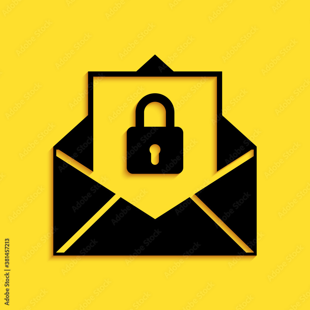 Aufkleber black secure mail icon isolated on yellow background. mailing envelope locked with padlock. long sha