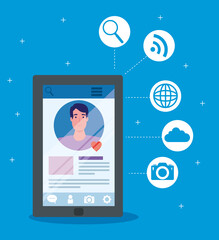 social media, man communicating by smartphone vector illustration design