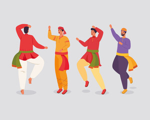 group of men indian with clothes traditional dancing vector illustration design