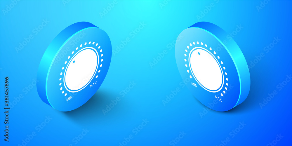 Poster isometric dial knob level technology settings icon isolated on blue background. volume button, sound