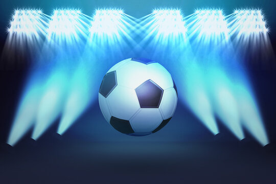 The soccer stadium with the bright lights. Green football field with a ball in motion on a stadium with bright floodlight lights and flashes. 3d illustration