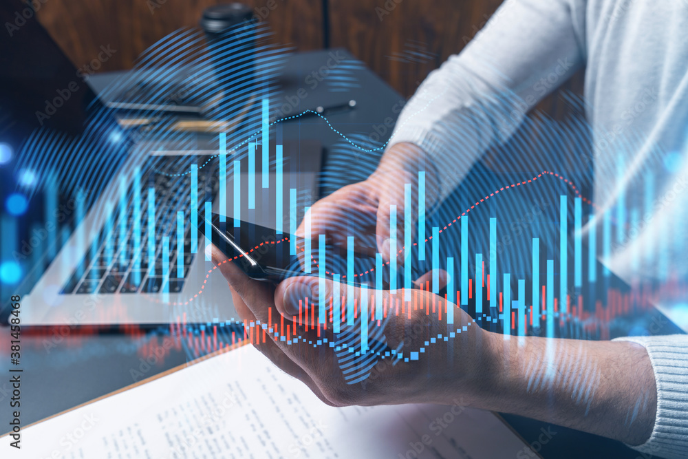 Poster man using phone. hands typing smartphone. double exposure with forex graph hologram. close up. finan