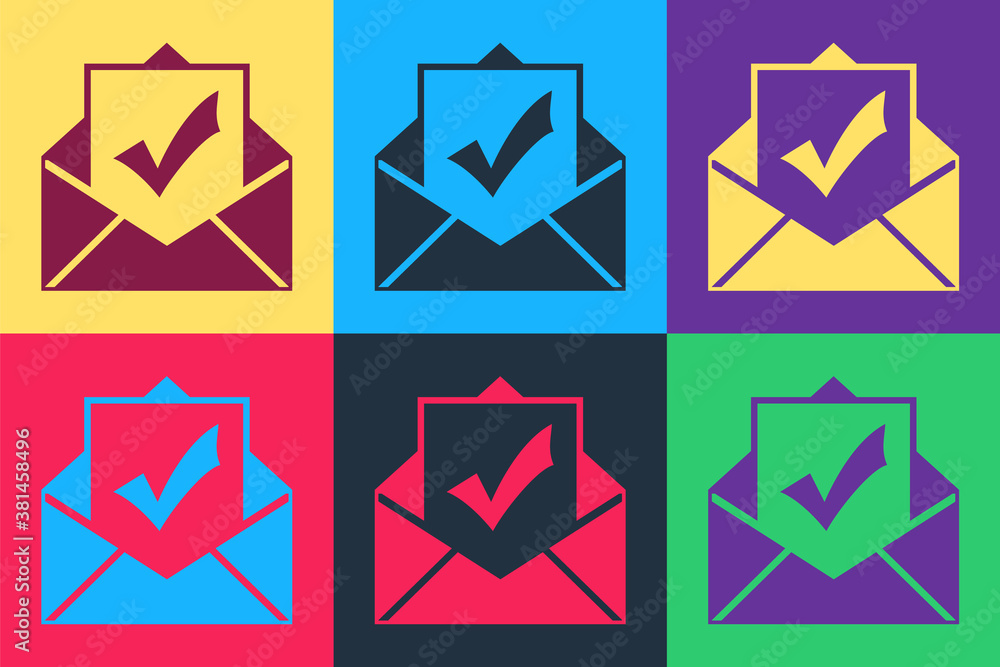 Poster pop art envelope with document and check mark icon isolated on color background. successful email de