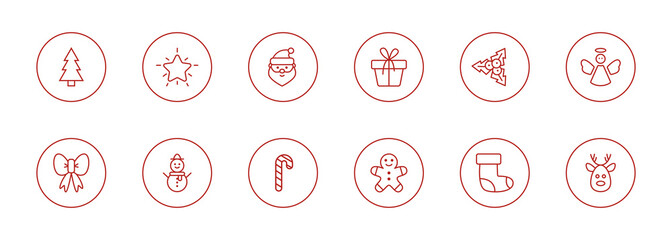 Cute traditional Holiday icons collection. Christmas line art set. Outline design elements with snowflake, santa, star, christmas tree, ball, sock, gift box, candy cane, reindeer. Vector illustration