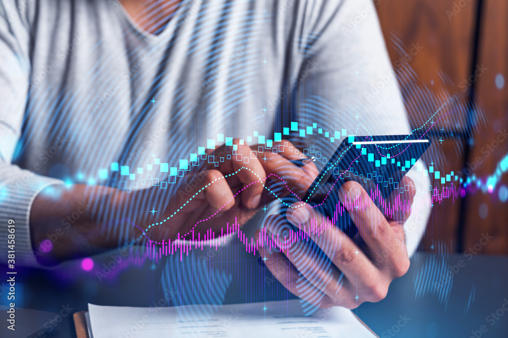 Poster man using phone. hands typing smartphone. double exposure with forex graph hologram. close up. finan