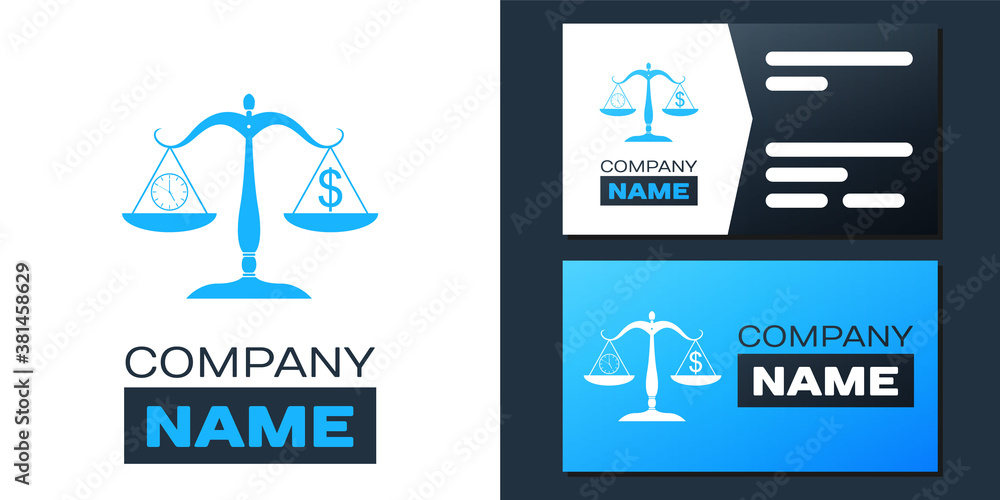 Poster logotype scale weighing money and time icon isolated on white background. scales with hours and a co