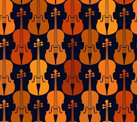 Brown violins on a blue background, seamless pattern. Orange and brown violins on a blue field. Color, flat decor. Vector.   © elenavdovina