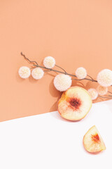 Fashion Still life scene with fresh peach and decor brunch. Minimal details aesthetic. Eco life