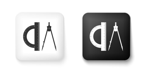Black and white Protractor and drawing compass icon isolated on white background. Drawing professional instrument. Geometric equipment. Education sign. Square button. Vector.