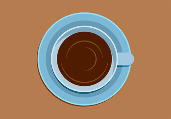 Taza de café azul en mesa marrón.