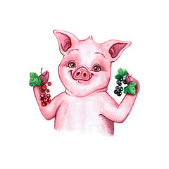 Watercolor illustration of a funny pig with fruit. Hand made character. Cartoon style illustration. 