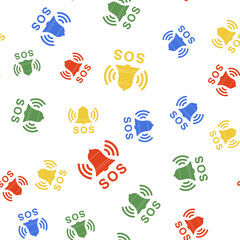 Color Alarm bell and SOS lettering icon isolated seamless pattern on white background. Warning bell, help sign. Emergency SOS button. Vector.