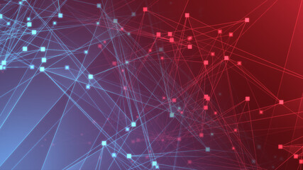 Abstract red blue polygon tech network with connect technology background. Abstract dots and lines texture background. 3d rendering.