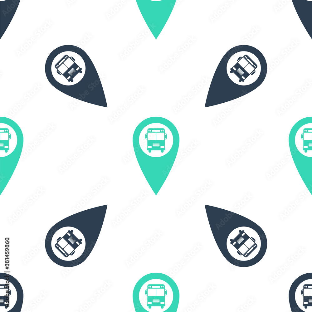 Poster green map pointer with bus icon isolated seamless pattern on white background. vector.
