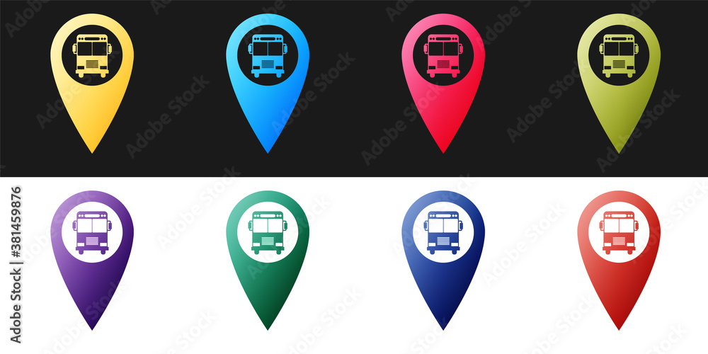 Poster set map pointer with bus icon isolated on black and white background. vector.