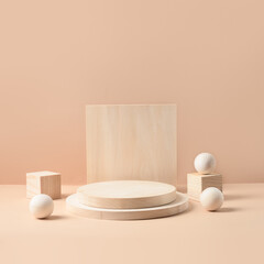 Wooden natural stands for product. Template, mock up for presentation organic goods. Monochrome composition on beige.