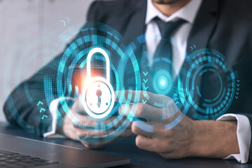 Businessman using on-line app on phone. Lock hologram. Multiexposure. Internet security concept.