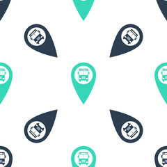 Green Map pointer with bus icon isolated seamless pattern on white background. Vector.