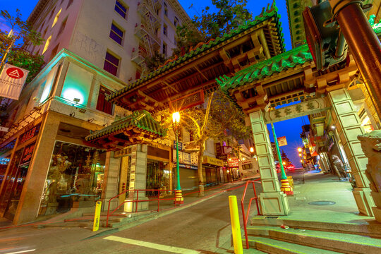 San Francisco, California, United States - August 16, 2019: entrance to Chinatown, a gate of Chinese architecture, dragon gate the largest Chinese community outside of Asia and oldest in USA by night.