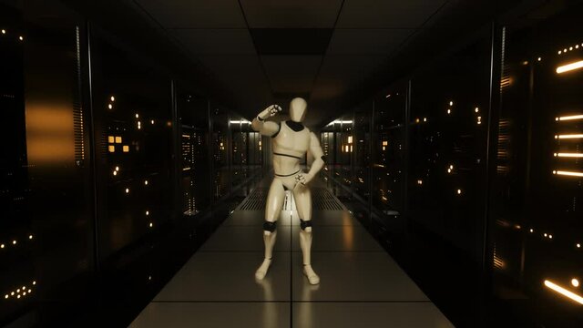 Dancing robot in the server room. Data servers behind glass panels in the server room of the data center. Seamless loop 3d render