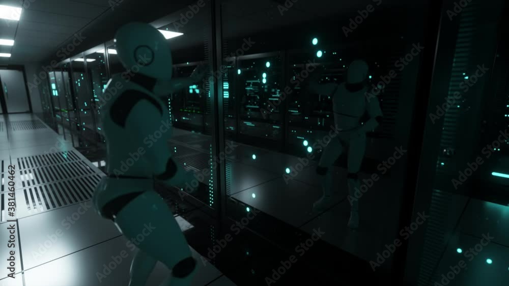 Aufkleber the dancing robot in the server room looks at itself in reflection. data servers behind glass panels