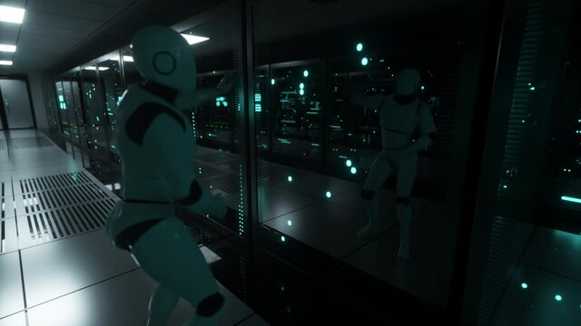 The dancing robot in the server room looks at itself in reflection. Data servers behind glass panels in the server room of the data center. Seamless loop 3d render