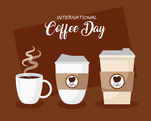 international coffee day poster, 1 october, with disposables and cup ceramic vector illustration design