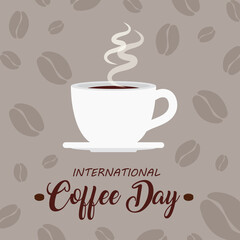 international coffee day poster, 1 october, with ceramic cup coffee vector illustration design