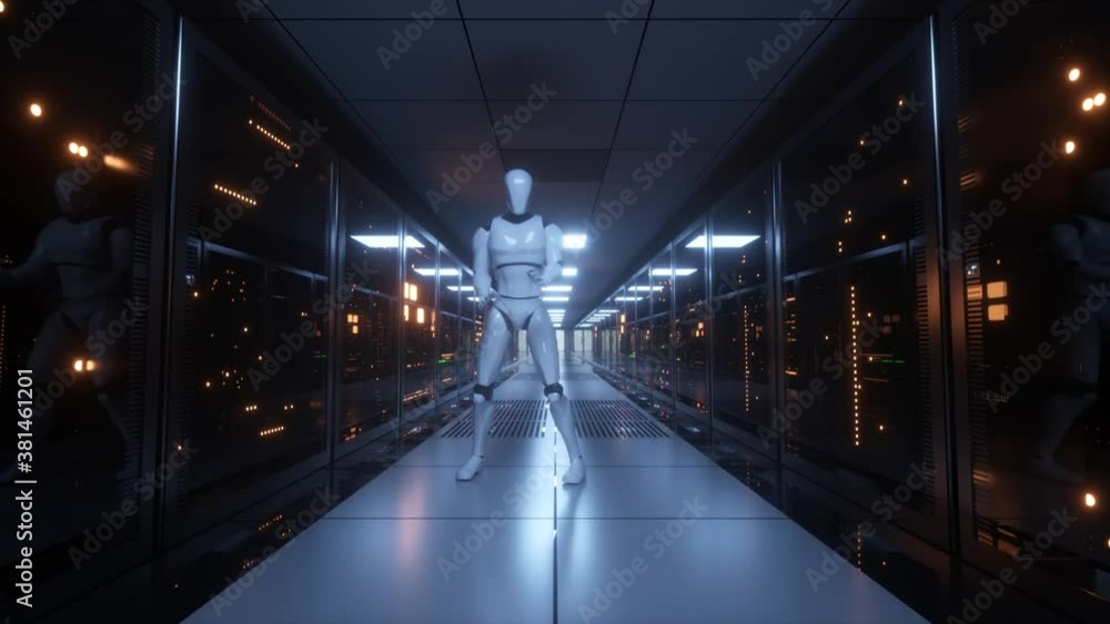 Poster dancing robot in the server room. data servers behind glass panels in the server room of the data ce