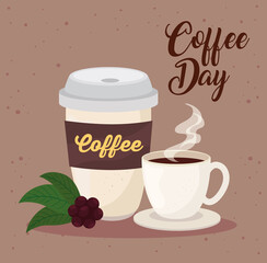 international coffee day poster, 1 october, with ceramic cup and disposable vector illustration design