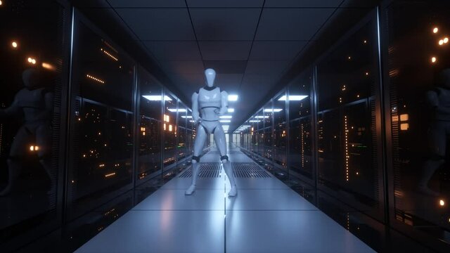 Dancing robot in the server room. Data servers behind glass panels in the server room of the data center. Seamless loop 3d render