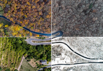 Fototapeta na wymiar Seasons Concept summer winter fall spring Aerial view Winding road serpentine mountain pass village Brodenbach Germany