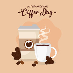 international coffee day poster, 1 october, with ceramic cup, disposable and grains vector illustration design