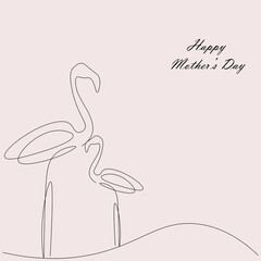 Mothers day card. Flamingo birds line drawing. Vector illustration