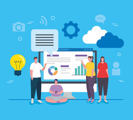 social media, group of people with computer and infographics report vector illustration design