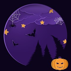 Halloween background. Bats, trees, and a pumpkin head in a dark sky with clouds