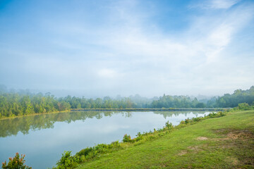 Landscape of beautiful mountain lake with blue sky.