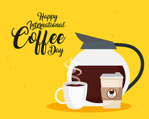 international coffee day poster, 1 october, with icons on yellow background vector illustration design