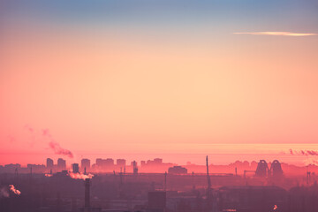 Cityscape silhouette Kyiv illustration: pink sunrise sky with lonely cloud. Haze over buildings, towers, houses at industry city landscape. Urban scenic in soft warm pattern. European town scenery