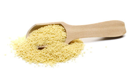 Couscous in wooden spoon isolated on white background
