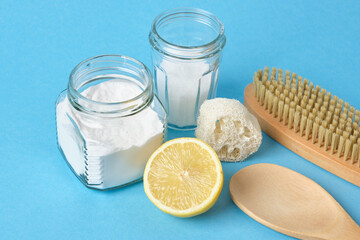 Eco friendly natural cleaning tools and products on a blue background, Zero waste concept. Plastic...