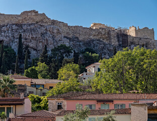 Fototapeta na wymiar Athens Greece, colorful houses at Plaka old neighborhood on the cliff of Acropolis hill