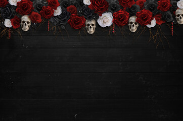 Halloween decoration with roses and skulls, background