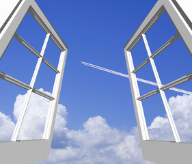 窓から飛行機と入道雲