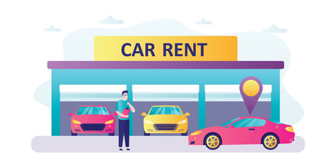 Car rental service. Garage building with modern autos. Handsome salesman or dealer at work. Car sharing or rent. Horizontal banner