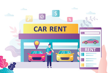 Fototapeta premium Car rental service. Garage building with modern autos. Handsome salesman or dealer at work.