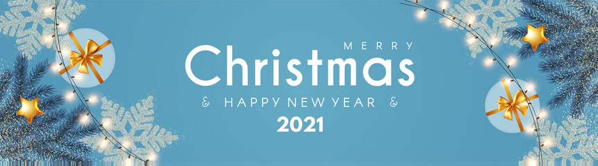 Merry Christmas and Happy New 2021 Year poster design template with gifts, champagne glasses, snowflakes, light garland ans fir tree branches