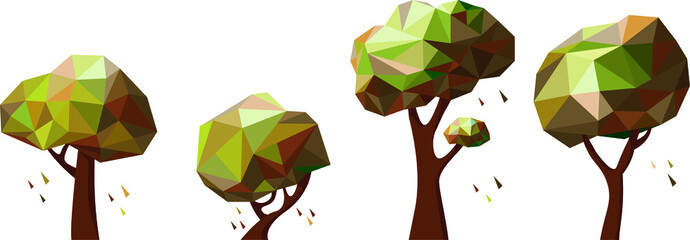 set of fantasy autumn trees in polygonal style