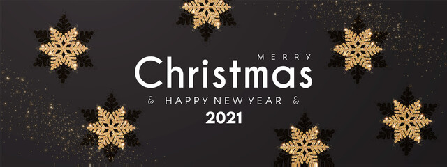 Fototapeta na wymiar Merry Christmas and Happy New 2021 Year elegant holiday design template with gold shining snowflakes.